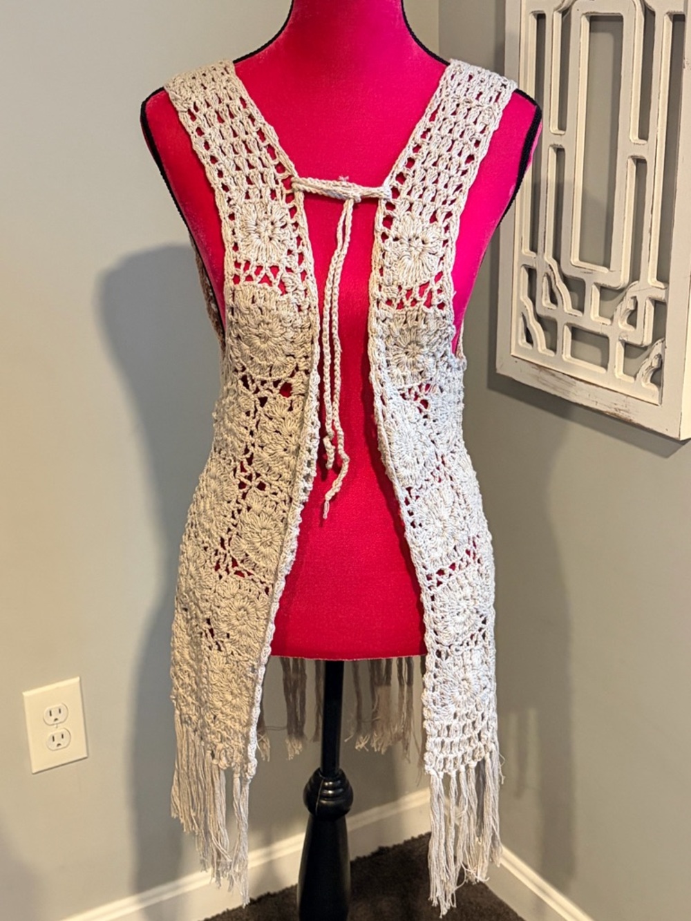 100% Cotton Crochet Fringe Vest – Size M – Boho Festival